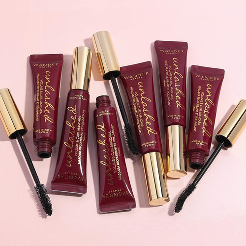 Wander Beauty Unlashed Volume and Curl Mascara with its curved wand